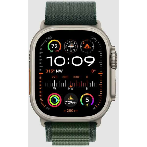 APPLE Watch 49mm Loop Dark Green Alpine Loop - Medium - Natural Titanium Finish mxmv3zm/a