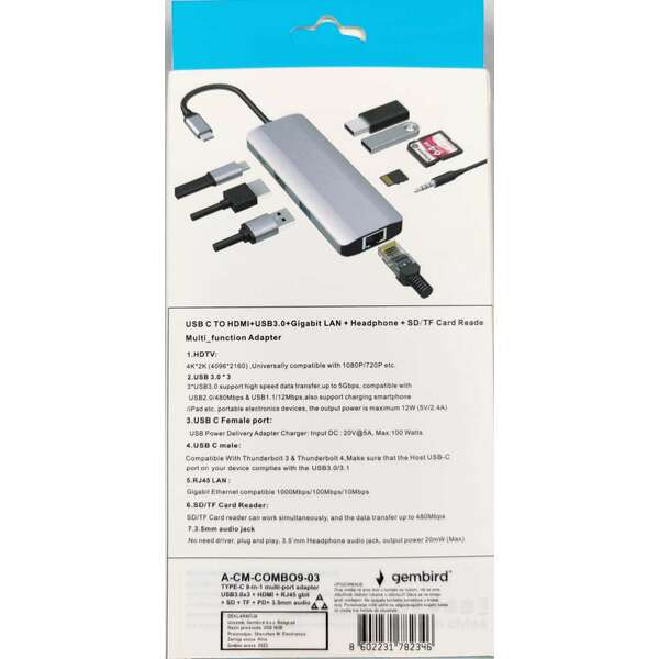 GEMBIRD A-CM-COMBO9-03 USB Type-C 9-in-1 multi-port adapter USB-C+HUB+HDMI+PD+card+ RJ45
